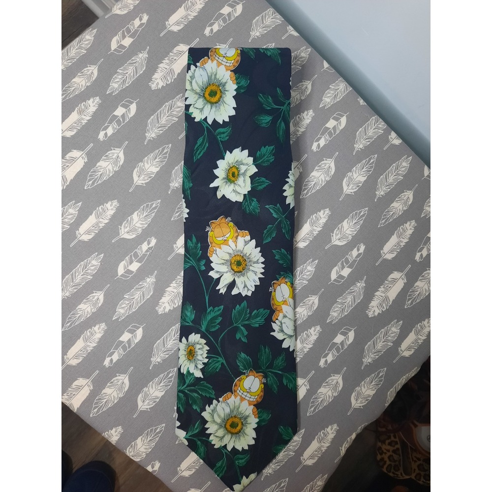Vintage Garfield Daisy Floral Necktie Black Orange Cat Jim Davis PAWS